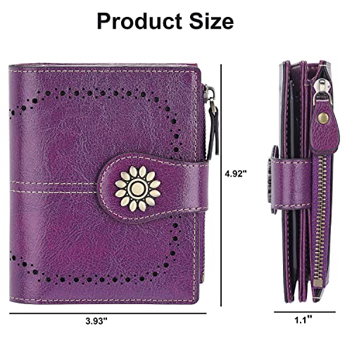 Womens Leather Wallet Small Compact RFID Blocking Credit Card Case Purse with Zipper Pocket | Small - color: Dark Purple