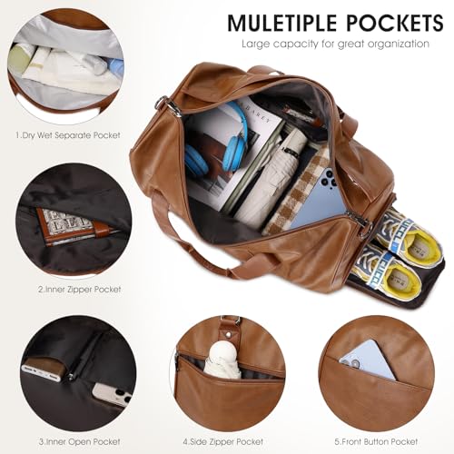 3PCS Faux Leather Weekender Bag for Women Men Travel Bag Overnight Bags | Leather Travel Duffel Bags for Traveling with Shoe Compartment Toiletry Packing Cube Carry On Tote Bag Men Fit 21.5" Laptop - color: Light Brown