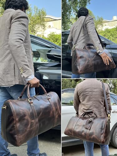 Men's Leather Travel Bag - Weekender Sports Travel Shoulder Bags Aeroplane Hand Luggage Men Duffle Bag (Large), Mulberry, L, leather duffel bag - color: Mulberry