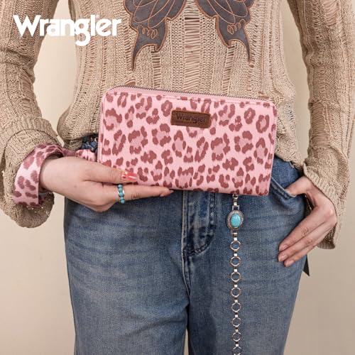 Wrangler Pink Wallet for Women Ladies Female Leopard Print Large Wristlet Wallets, Card Cases & Money Organizers Clutch Phone Wallets Western Credit Card Zipper Wallet with RFID Lining - color: Leopard-Pink