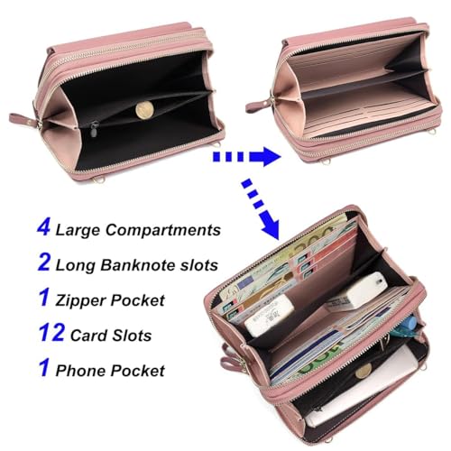 Women Leather Wallet Crossbody Shoulder Bag with Double Zipper and Mobile Phone Purse with Shoulder Strap - color: 109-dark Pink