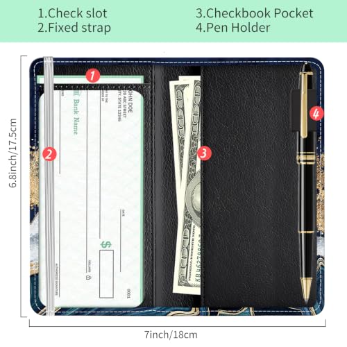 Checkbook Cover for Personal Checkbook, Cute Pu Leather Check Book for Women & Men, Slim Checkbook Holder with Pen Holder and Built-in Clear Plastic Divider, Navy Marble - color: Navy Marble