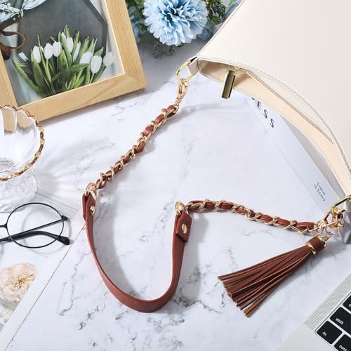 Flat PU Leather Bag Chain Replacement with Tassel Pendant 25 Inch Microfiber Leather Purse Chain Strap Handbag Handle for Women Shoulder Crossbody Bag Handbag DIY Crafts(Brown Gold) - color: Brown