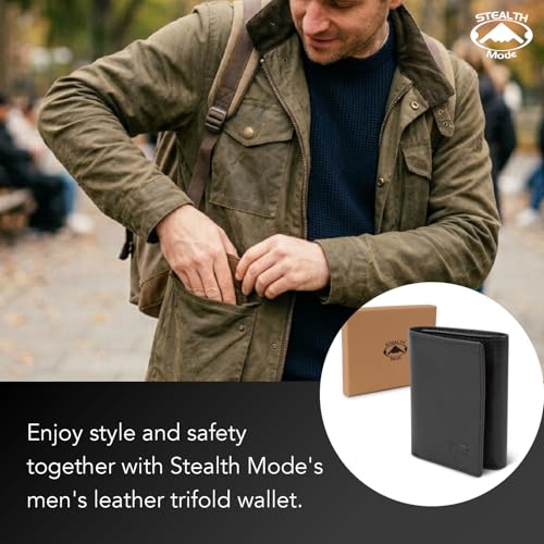Stealth Mode Trifold Leather Wallet for Men with RFID Blocking | Black Crunch Top Grain Napa Leather, 9 Card Slots, ID Window, Gift Box – Gift for Dad, Husband, or Son - color: Black Crunch