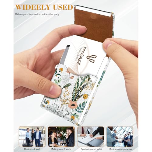 2Pack Leather Stainless Steel Business Card Holder, Metal Slim Business Card Case for Women or Men, Pocket Business Card Carrier with Prints, Magnetic Closure, RFID Blocking - color: Flower-Grass