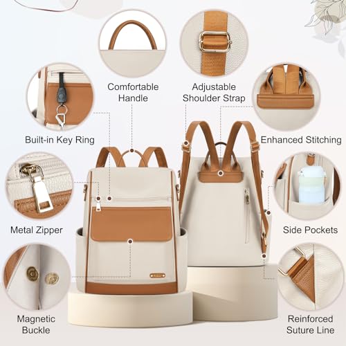 NUBILY Backpack Purse for Women Leather Anti-Theft Mini Backpack Fashion Designer Handbag Convertible Travel Bag Ladies Shoulder Bags, Beige - color: Beige