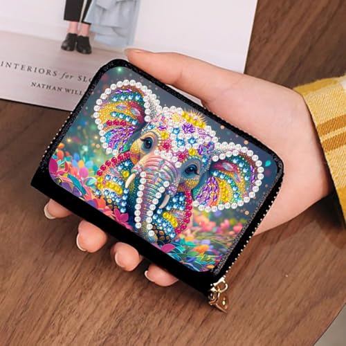 Santiway DIY Diamond Art Painting Kit - PU Leather Credit Card Holder Wallet & Coin Purse with Elephant Pattern, Zipper Organizer 4.33x3.14in for Adults - style: Elephant