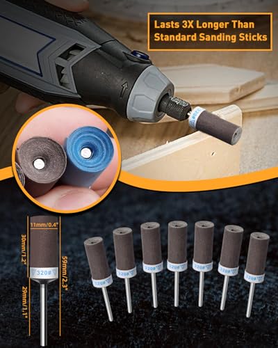 20Pcs 320 Grit Sanding Drums Sandpaper Sticks Set for Dremel Rotary Tool with 1/8" Shank, Rotary Tool Accessories Suitable for Metal Rust Removal/Jade Polishing/Stone Grinding (320 Grit) - size: 320 Grit