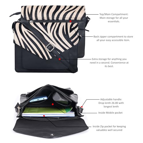 Ozora Genuine Leather Crossbody Purse for Women, Shoulder Bag - color: Black Ndm Zebra