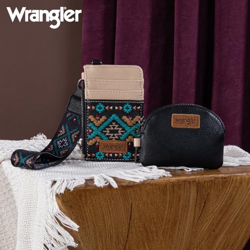 Wrangler Western Keychain Wristlet Wallets for Women Retro Dual Pouch Wristlet Credit Card Holder Wallet with Zipper Pocket WG2214-W0051BK - color: Aztec-Black