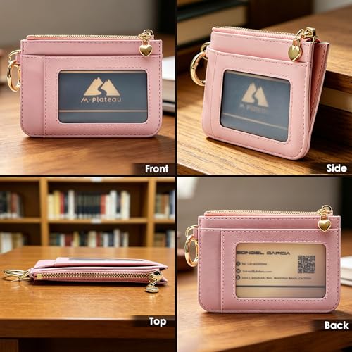 M-Plateau Key Chain Wallet for Women, Slim Credit Card Holder | Pink Mini Purse with ID Window, Zipper Pocket, Metal Key Ring - color: Rose Pink