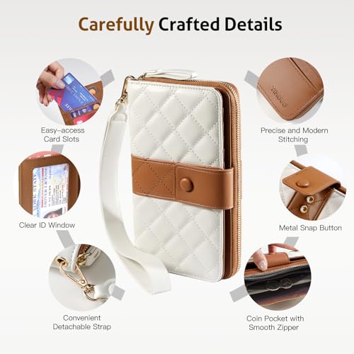 TiMOVO RFID Leather Wallet with Wrist Strap for Women, Beige + Brown | 12 Card Slots, Large Capacity Travel Purse, Anti-Theft RFID Blocking PU Leather, Portable Daily & Trip Use - color: Beige + Brown