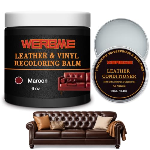 Leather Recoloring Balm & Mink Oil Leather Conditioner, Maroon | Restores faded leather, waterproof, scratch repair for couches, car seats, shoes & bags, Complete kit with mink oil & tools - color: Maroon