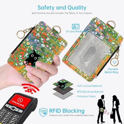 2-in-1 ID Badge Holder & Lanyard Wallet，Cute Zippered Pouch Cat Flowers 2 | for Teachers,Nurse,Professionals，Removable Wristlet & Neck Lanyard,5 Card Slots Stylish Work Essential - color: Cat Hidden Among the Flowers 2