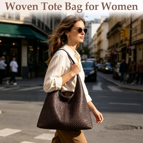 Woven Textured Vegan Leather Hobo Tote Bag Large Slouchy Purse for Women | Trendy work handbag with magnetic closure and interior pockets. Chic aesthetic satchel ideal to carry daily travel essentials - color: Coffee