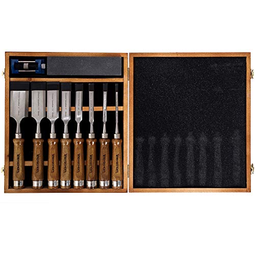 10-Piece Wood Chisel Set for Woodworking, Sharp CR-V Steel Blades | Precision woodworking tool kit. Razor sharp 60CR-V steel blades with wooden storage box for beginners and professionals