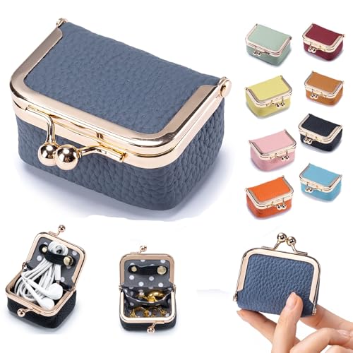 Genuine Leather Mini Jewelry Box & Coin Purse for Women, Travel Jewelry Case with Kiss Lock, Holds Earrings, Rings, Necklace, Bracelet, Coins (Blue) - color: Blue - 2.5in