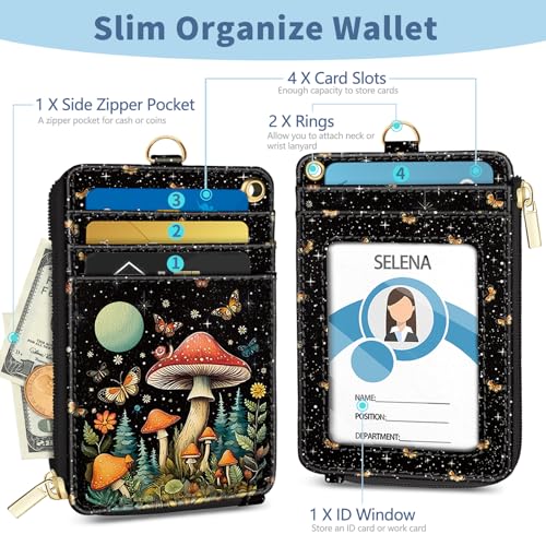 Lanyard Wallet with Id Badge Holder Keychain Card Women Mushroom - color: Mushroom Black