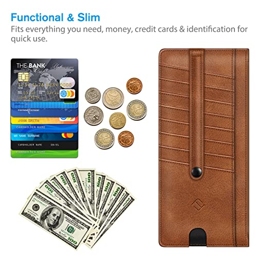 FINTIE Slim Credit Card Wallet Holder Change Pouch | RFID Blocking Business Cards Cases with Zipper Pocket for Cash, Coin, Receipt, Brown - color: Brown