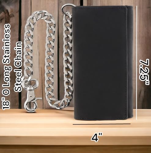 F&L CLASSIC RFID Blocking Mens Tri-fold Long Style Cowhide Leather Steel Chain Wallet,buffalo premium black leather,212-60 - color: buffalo premium black