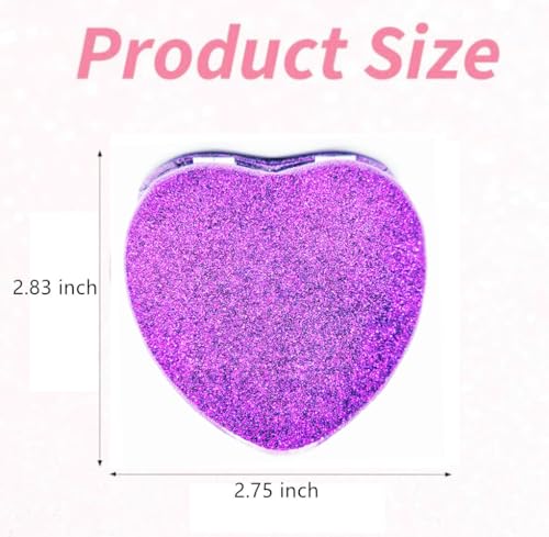 Cute Heart Shaped Compact Mirror for Purse,Purple Travel Mirror with Glitter,Leather Small Pocket Mirror,Portable 2 x 1x Magnification Folding Makeup Mirror,Cosmetic Mirror for Gift - color: Purple-heart Shape