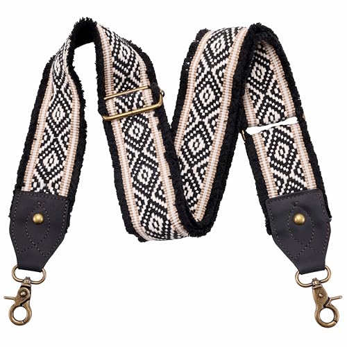 Nefelibata Purse Strap-2"Crazy Horse Leather Bag Strap Adjustable Replacement,Retro Jacquard Embroidery Crossbody Straps - color: Ethnic Diamond Grid
