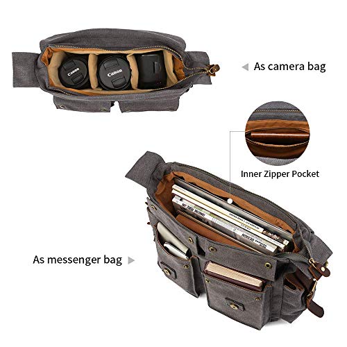 Kattee Vintage Leather Canvas DSLR SLR Camera Bags for Men | Leather & canvas, vintage. Adjustable padded dividers fit DSLR/lenses. Card pockets. Ideal for travel, office & daily - color: Dark Gray