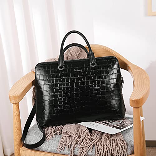BOSTANTEN Briefcase for Women Leather 15.6 inch Laptop Shoulder Bag Office Work Crossbody Handbag - color: E-crocodile Pattern Black