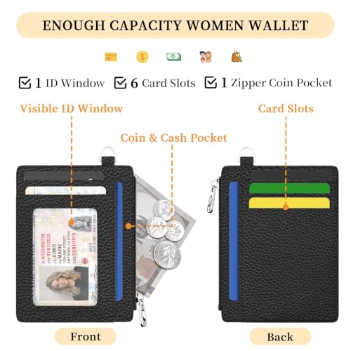 Hancynir Black Minimalist Slim Wallet Women Credit Card Holder RFID Small | Zipper Pocket Wallet, Thin Travel Coin Purse, Ladies Women Men Gifts, Cute Card Case, 6 Card Slots, ID Window, PU Leather - color: 01-Lichee Black