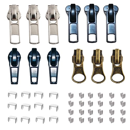 cpqakb 12 Pcs Zipper Pull Replacement 5 Zippers Repair Kit Lockable Slider | zippers Bottom and Top Stop , Fix Zip Head On For Repairing Coats ,Jackets , Metal Plastic and Nylon Coil Zippers.