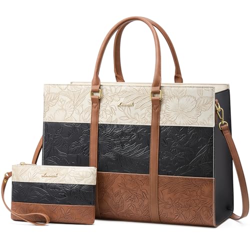 LOVEVOOK Laptop Bag for Women, 15.6 Inch Laptop Tote Bag, Vintage Leather Work Bags for Women, Waterproof Computer bag with Clutch Purse, Large Capacity Briefcase, Business Office Bag - color: Black-white-brown Embossed, size: 15.6 inch