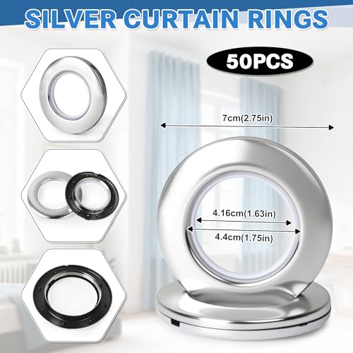HOMAR Curtain Grommets 50 pcs with Rotary Curtain Puncher for 1.9-2 inch (40mm) Plastic Curtain Rings, Grommets Tool Kit Quiet Glide, Hole Punch Cutter for DIY Window Shower Drapery (Silver)