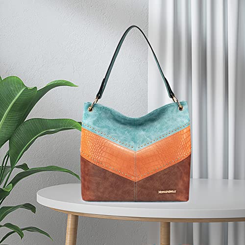 Purses for Women Hobo Bags Slouchy Shoulder Bag Tote Handbags | Stylish for Everyday Use, Zip-top Closure, Back Anti-theft Pocket, 3 Inner Pockets, Comfortable Wide Strap for Dating Errands - color: B-light Blue/Orange/Brown