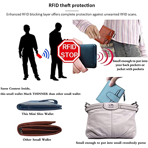 Women's RFID Blocking Leather Small Compact Bi-fold Zipper Pocket Wallet Card Case Purse with id Window - color: Lichee Black