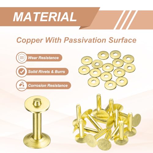 HARFINGTON 15Set Brass Rivets and Burrs Washers 12x4x19mm Dimpled Finish Solid Leather Rivet Fastener Studs Posts for Leather DIY Craft Belts Wallets Collars, Gold Yellow - color: Gold Yellow, size: 12x4x19mm