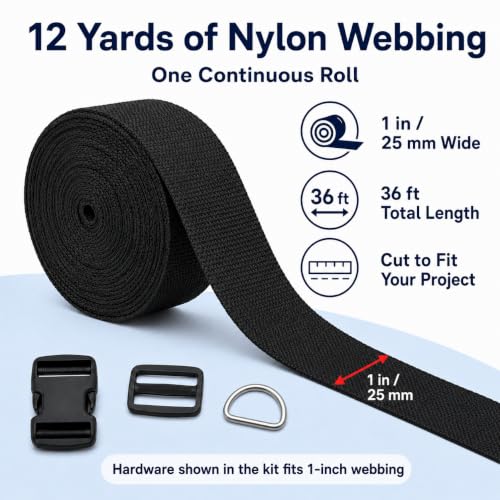 RNKP 1-Inch Buckle and Strap Kit, 12 Yards Nylon Webbing, D-Rings - size: 1" 12 Pcs Buckle Set
