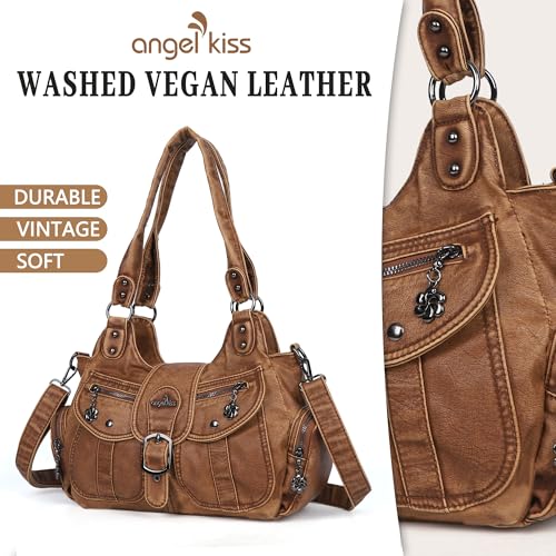 Angel Kiss Hobo Bags for Women Vegan Leather Shoulder Purses and Handbags Ladies Roomy Tote Bags Purse with Crossbody Strap - color: Brown