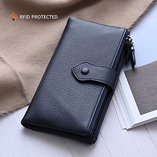 Bveyzi Women Soft Leather RFID Blocking Bifold Slim Wallets Ladies Credit Card Holder Double Zipper Pocket - color: Deep Blue
