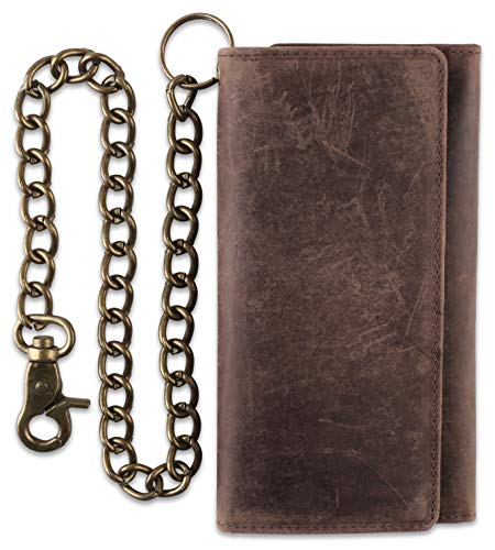 F&L CLASSIC RFID Blocking Mens Tri-fold Long Style Cowhide Leather Steel Chain Wallet,Antique dark brown - color: Antique Brown