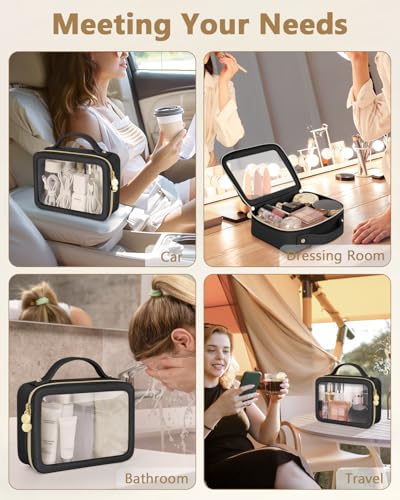 Soimeat Clear Makeup Bag, Portable Travel Cosmetic Bags, Multipurpose Leather Toiletry Bag with Zipper, Waterproof Transparent Cosmetic Organizer for Women, Medium, Black - color: Black, size: Medium