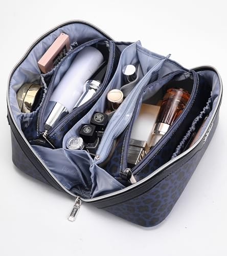 BOYATU Travel Makeup Bags Cosmetic Organizer Bag: 3 Pcs Set Large Capacity Make up Bag with Compartments - Waterproof Leather Toiletry Bags with Handle for Women (B-Blue) - color: B-Blue