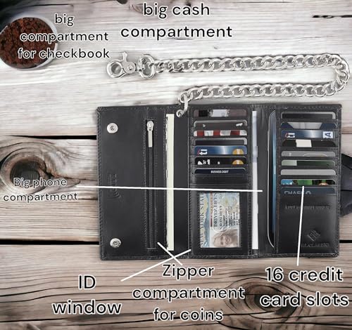 F&L CLASSIC RFID Blocking Mens Tri-fold Long Style Leather Steel Chain Wallet,black skull,212-50 - color: black /skull embossed