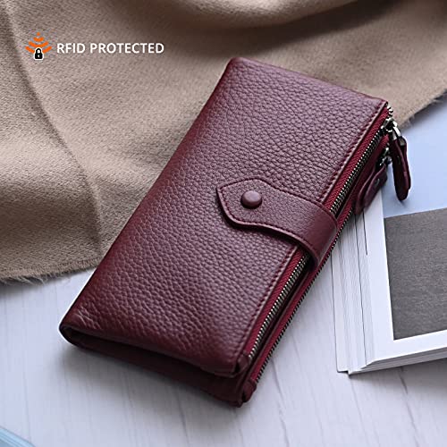 Bveyzi Women Soft Leather RFID Blocking Bifold Slim Wallets Ladies Credit Card Holder Double Zipper Pocket - color: Wine Red