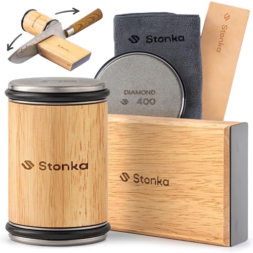 Stonka Oak Rolling Knife Sharpener Kit – Natural Wood, Diamond Wheels, Magnetic Angle Guide 15° & 20°, Leather Strop – Giftable Packaging - color: Oak