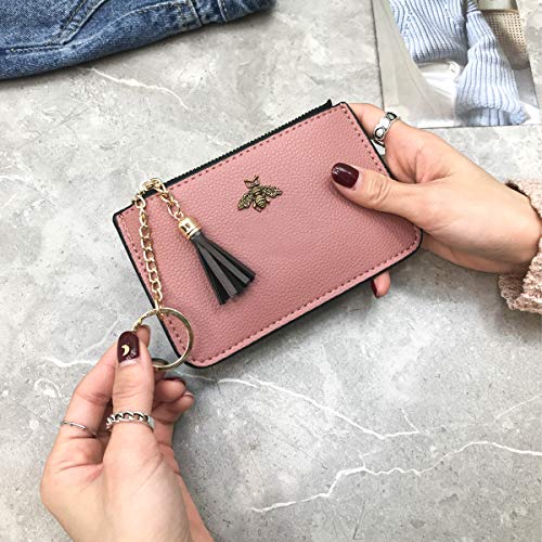 Coin Purse Change Wallet Pouch Leather Card Holder with Key Chain Tassel Zip(Pink) - color: Pink