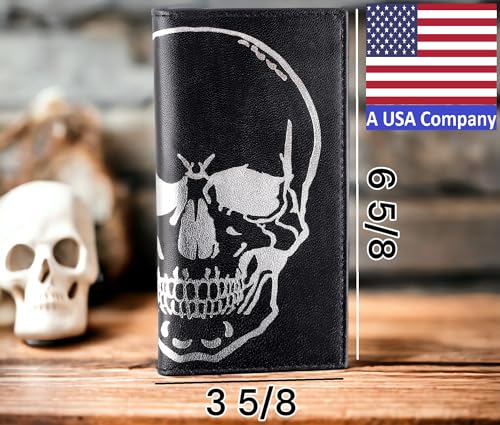 F&L CLASSIC Men's RFID Vintage Look Genuine Leather Long Bifold Wallet Checkbook Wallets,black skull,240-50 - color: black with Skull Embossed