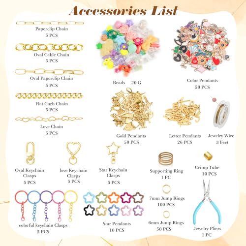 Ecoofor 364 Pcs Keychain Making Kit for Kids & Adults – Includes 20 Keychain Clips, 25 Extender Chains, 136 Charms, Beading Accessories, Jewelry Pliers – DIY Bag Charms & Jewelry Craft Kit Supplies - color: Gold-364Pcs Kit