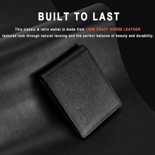 Travelambo Genuine Leather Wallet for Men with Gift Box - Handmade Bifold Stylish - Mens Wallets Rfid Blocking with 2 ID Windows - color: Cross Texture Black