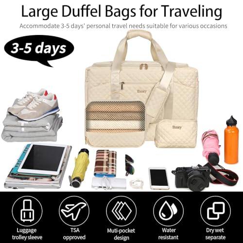 Stuery Weekender Bags for Women with Toiletry Bags: Large Overnight Bags Travel Duffel Bag Carry On Shoulder Weekend Tote with Shoe Compartment and Wet Pocket for Girls Airplane Traveling,Beige White - color: C-3PCS Beige White