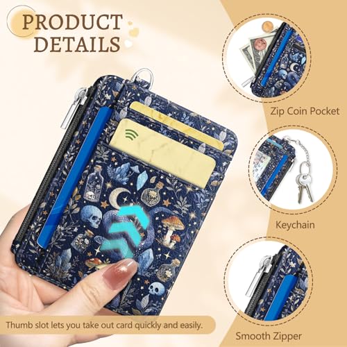 Kelvoris Credit Card Holder Small Wallet Women, Slim RFID, Goth Mushroom | Keychain, Zipper Coin Pocket, Front Pocket Thin Travel Card Case, Minimalist, 6 Card Slots, 1 ID Window, Ladies Gifts Woman - color: Blue Goth Skull
